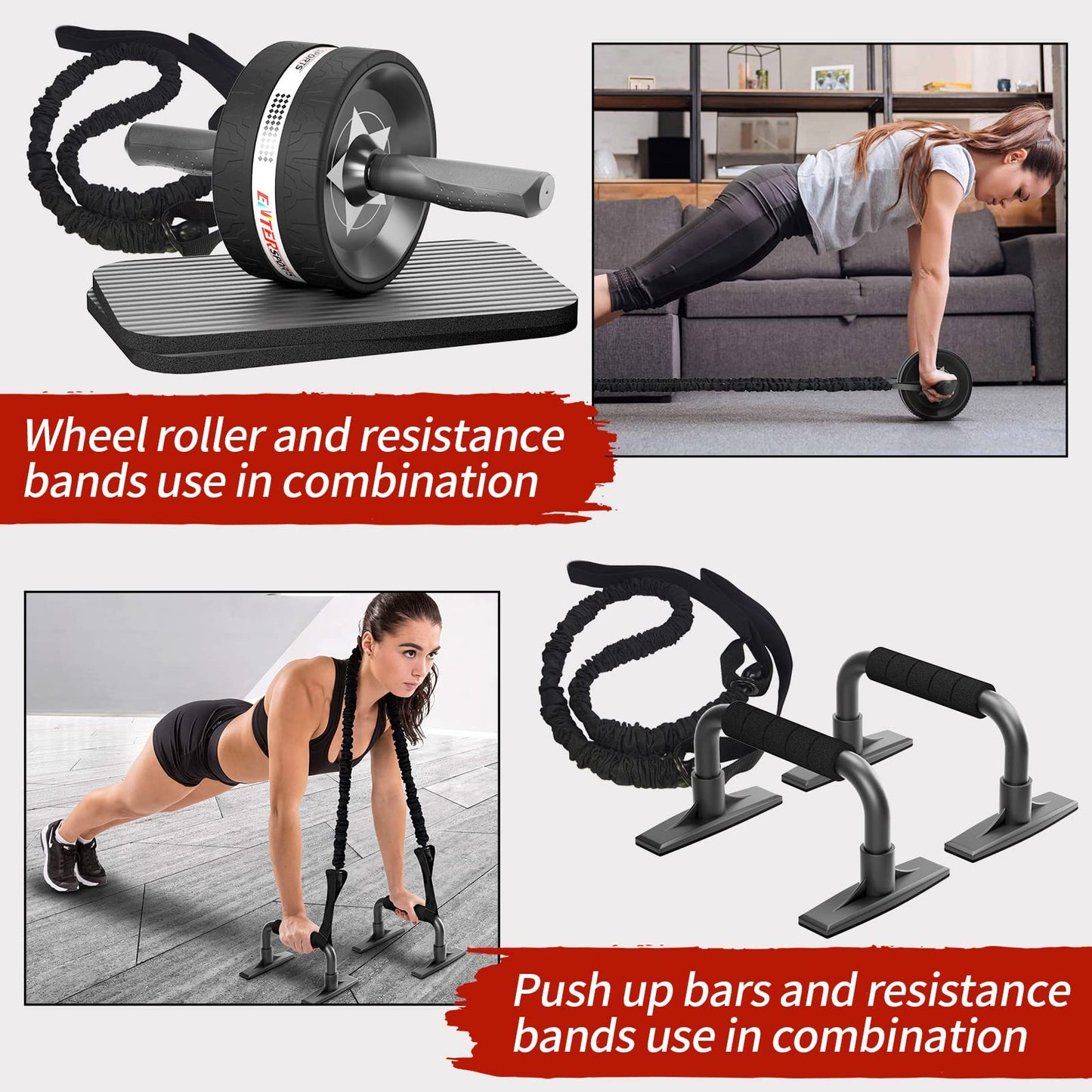 EnterSports Abs Roller Wheel 6-in-1 Workout Equipment for Abdominal with Knee Pad, Resistance Bands, Pad Push Up Bars Handles Grips Perfect Home Gym Equipment for Men Women