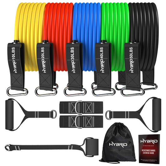 HYBRID Resistance Bands Set Men Women, HEAVY DUTY 12pcs Exercise Bands, Up to 150LB, 68kg, 2 Foam Handles, 2 Ankle Straps, Door Anchor - Fitness Tubes - Exercise Equipment for Home, Gym, Physio