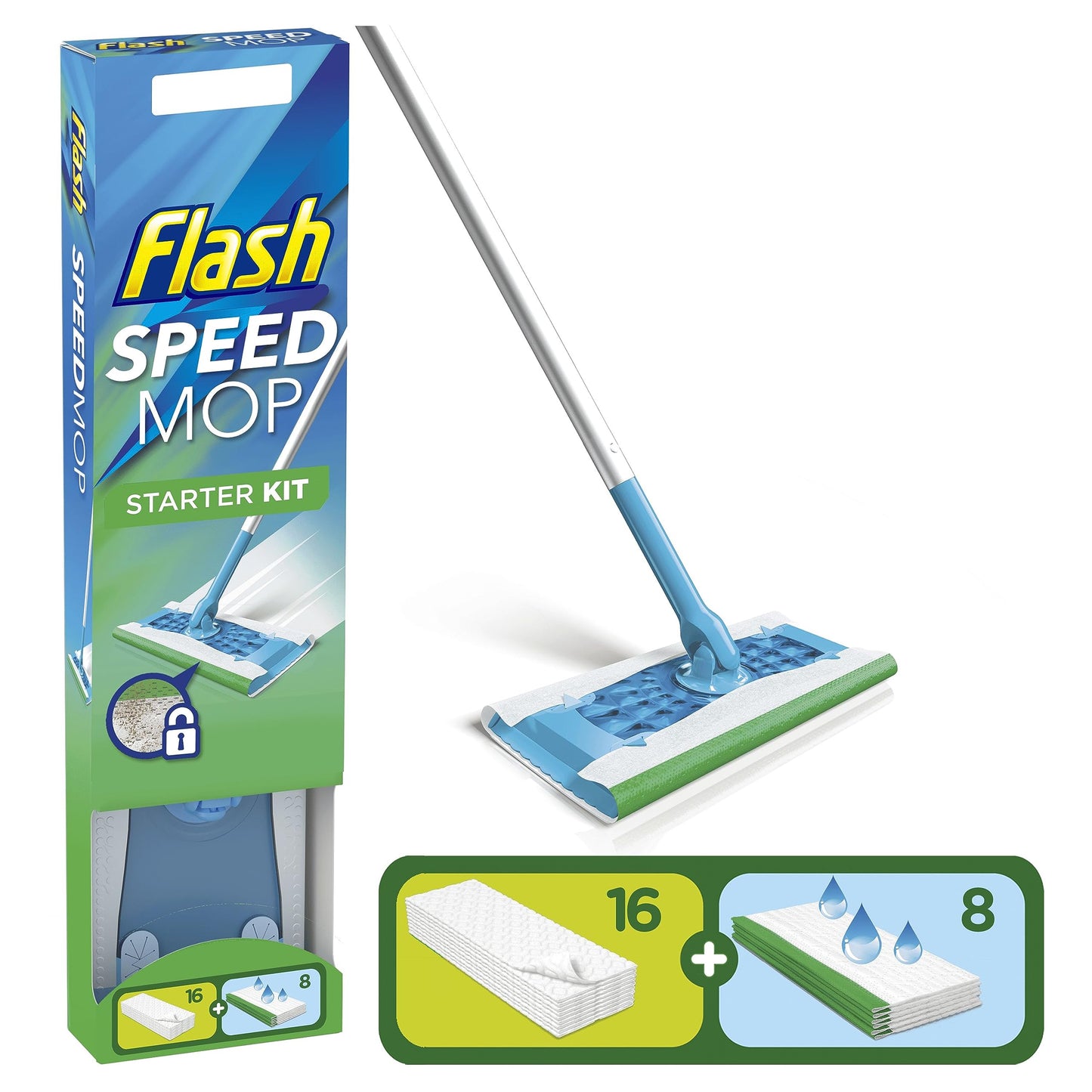 Flash Speedmop Floor Cleaner Starter Kit, Spray Mop, Dry Wet Mop, All-In-One Floor Mopping System (8 Wet + 16 Dry Pads)