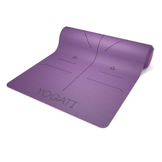 YOGATI Yoga Mat with Alignment Lines. Exercise mat with carry strap. Pilates mats for yoga or Fitness. Non slip Workout Mat. Thick Yoga Mats for women and men. Gym mats for home. Yoga matt thick.