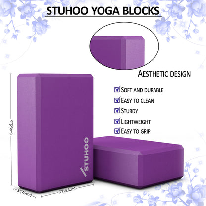 STUHOO Yoga Block Set of 2 and Yoga Strap Includes Descriptive E-book - Sturdy Yoga Brick & Lightweight Eva Foam Block Support Deepen Poses, Provides Strength & Stability for Pilates Practice