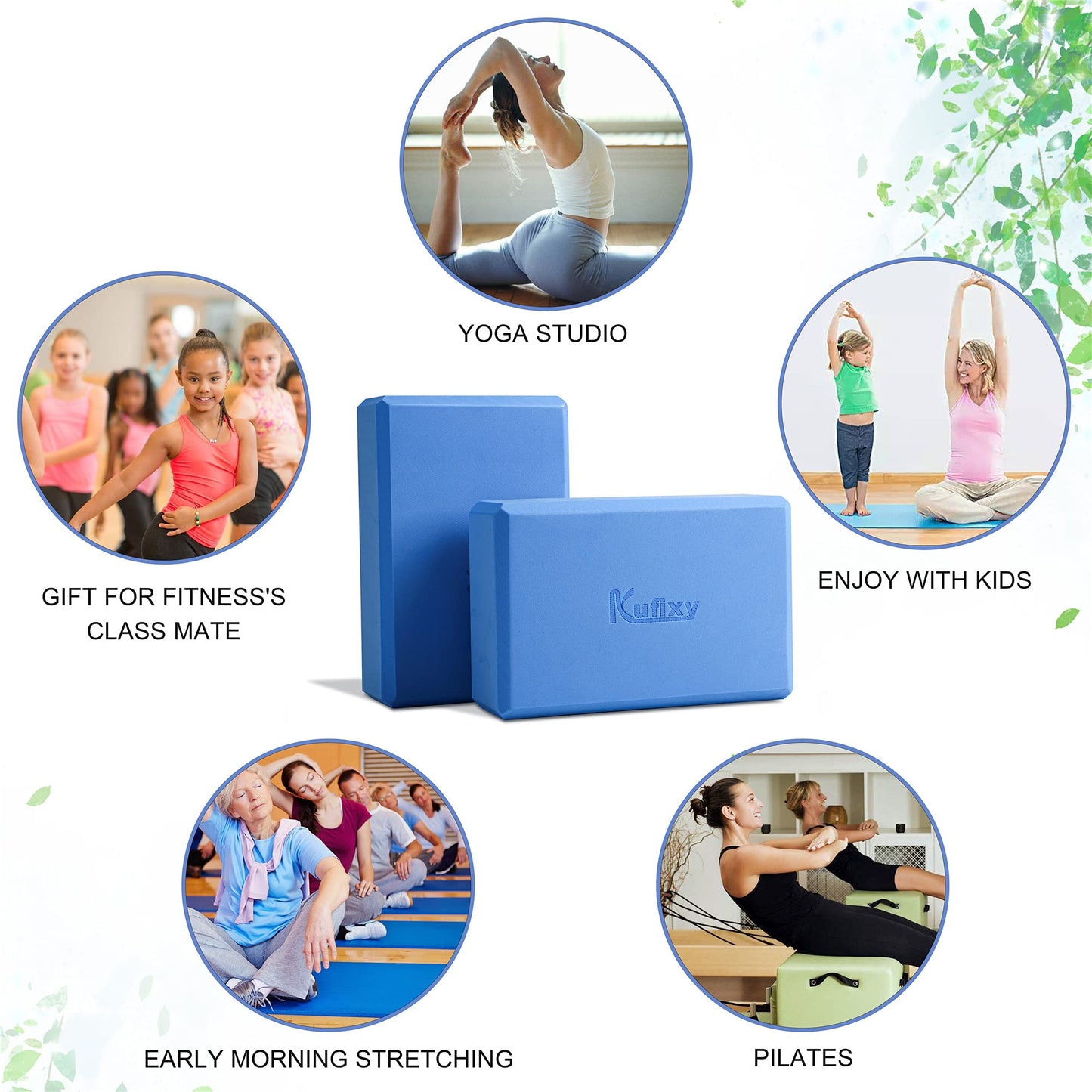 Kufixy Yoga Blocks Set of 2 with Strap EVA Foam Soft and Sturdy Non-Slip Lightweight Yoga Brick for Balance Stretching Pilates Meditation and Deep Flexible Poses-23 * 15 * 7.8 cm (Blue)