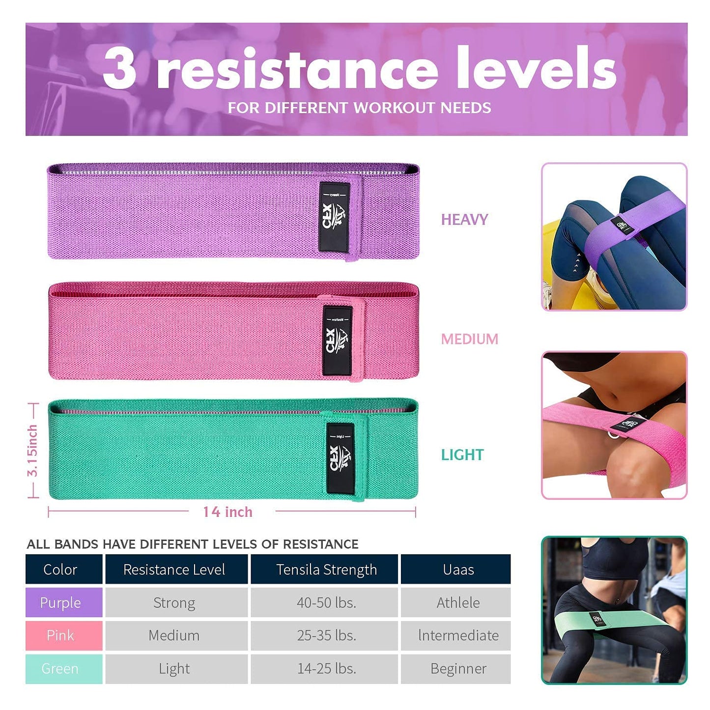 CFX Resistance Bands 3 Sets, Premium Exercise Loops with Non-Slip Design for Hips & Glutes, 3 Resistance Level Workout Booty Bands for Women and Men, Best for Home Fitness, Yoga, Pilates