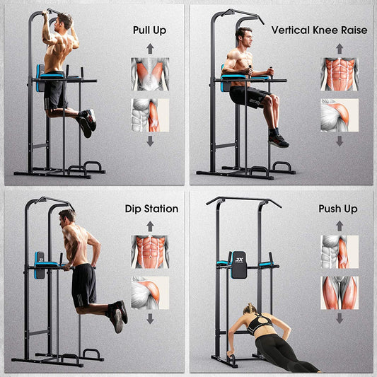 JX FITNESS Power Tower Adjustable Dip Bar Pull up Bar Knee Raise Push Up Workout Abdominal Exercise Home Gym Station Body Building