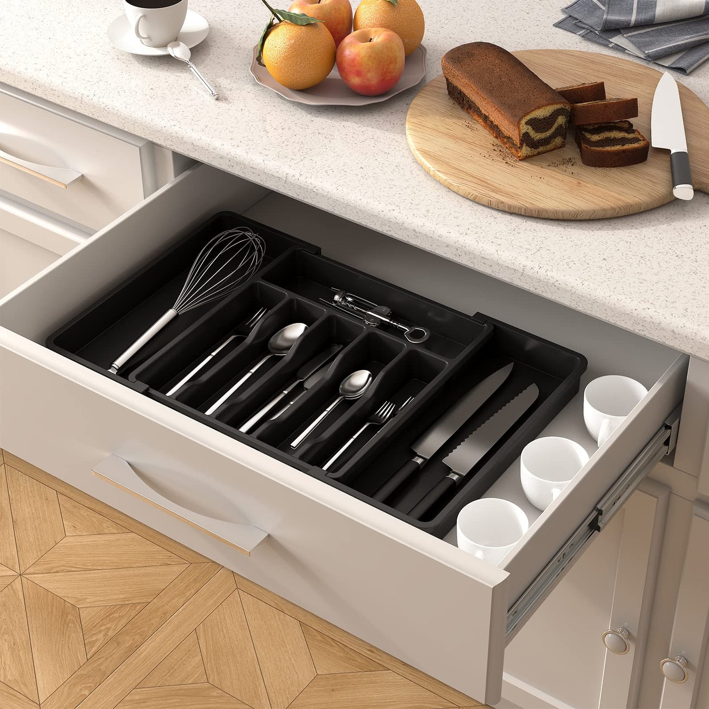 Lifewit Cutlery Drawer Organiser, Expandable Utensil Tray for Kitchen, Adjustable Silverware and Flatware Holder, Compact Plastic Storage for Spoons Forks Knives, Large, Black