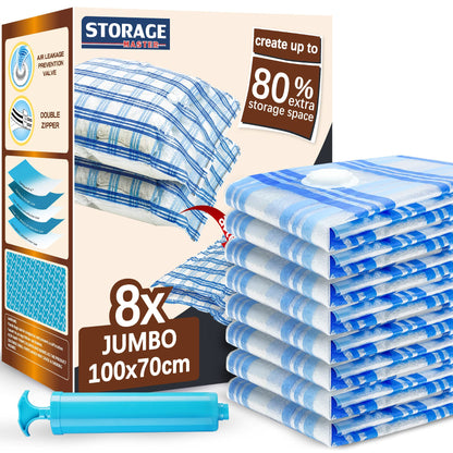 STORAGE MASTER Vacuum Storage Bags, 8-pack Jumbo Size Space Saver Bags 80% More Storage Space with Hand Pump (Jumbo 8 Pack)